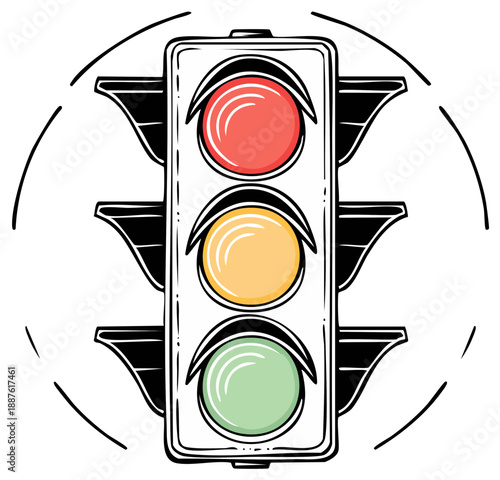 Traditional traffic signal with red, yellow, and green lights in a hand-drawn style