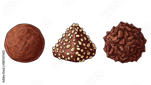 Three assorted chocolate truffles rich cocoa confectionery perfect for dessert bakery or gourmet food concepts isolated on white
