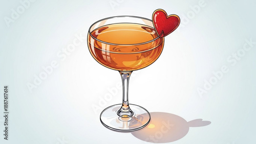 Elegant cocktail in coupe glass with heart garnish romantic drink illustration for celebration or special occasion isolated on light bac