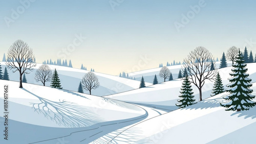 Winter landscape with snow-covered hills and trees a winding road through the countryside serene nature scene for seasonal backgrounds