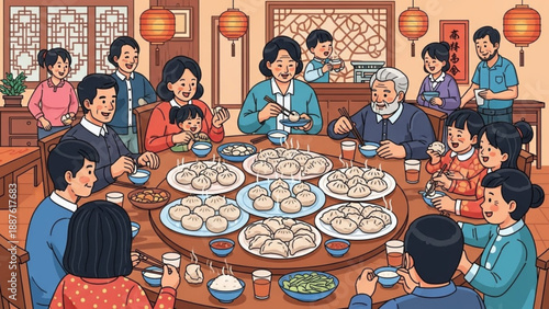 Multi-generational Chinese family enjoying a festive meal together sharing dumplings and conversation around a round table illustration