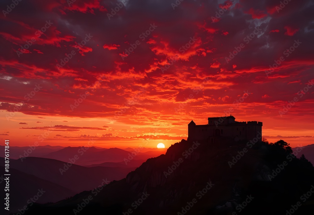 Fototapeta premium A majestic castle silhouetted against a fiery red sunset paints a dramatic evening sky. amberd