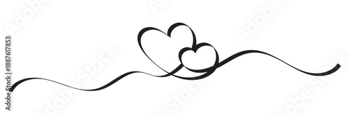 Two love hearts ribbon calligraphy line decoration. Elegant continuous line drawing of  intertwined hearts, symbolizing love, connection, unity, and romantic relationships on a clean white background.