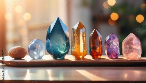 Vibrant Crystal Healing Stones Stylishly Arranged On Elegant Tabletop For Radiant Elegance And Spiritual Amulet Showcase
