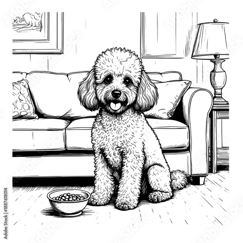 Funny poodle sitting on a mat in the house, black and white sketch. vector illustration. The dog is sitting next to the sofa and with a bowl of food, isolated in white58