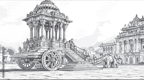 Fényképezés Ancient Indian temple chariot with elephant team in historic setting