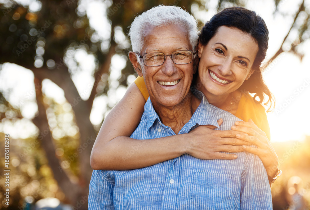 Fototapeta premium Hug, portrait and woman with senior dad in park for bonding, relationship and relax together. Morning, happy and man and daughter embrace for affection, love and connection on weekend in nature