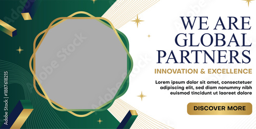 Business banner template for global partnership announcement with space for logo or image, featuring dark green and gold abstract design elements and text reading we are global partners