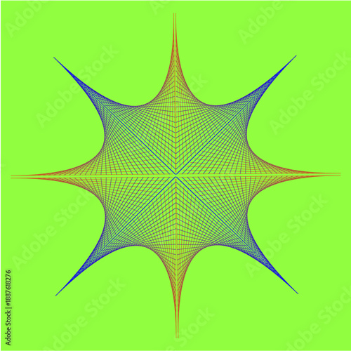 Intricate spiky starburst geometric pattern with gradient lines on a vibrant lime green background, creating an optical illusion effect.