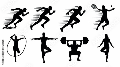 Collection of eight black silhouette icons depicting people engaging in various sports and fitness activities on a white background.