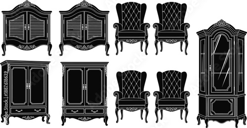 Classic Vintage Furniture Collection Silhouette CAD Drawing Flat Vector Illustration Including Ornamental Wardrobes Elegant Armchairs and Glass Display Cabinet Set