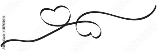 Two love hearts ribbon calligraphy line decoration. Elegant continuous line drawing of  intertwined hearts, symbolizing love, connection, unity, and romantic relationships on a clean white background.