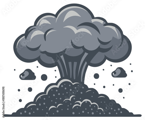 Stylized cartoon explosion cloud with debris and dark smoke in grayscale