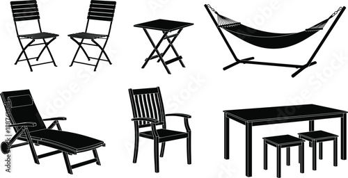 Collection of Outdoor Garden Furniture CAD Drawing Flat Vector Illustration Including Folding Chairs Tables Hammock Sun Lounger and Wooden Patio Set