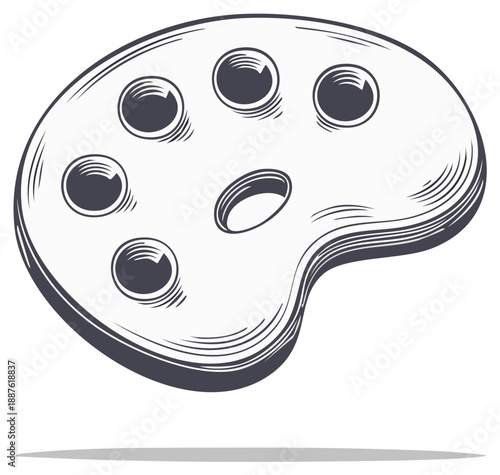 Artist's wooden paint palette with circular wells for colors in a vintage sketch style