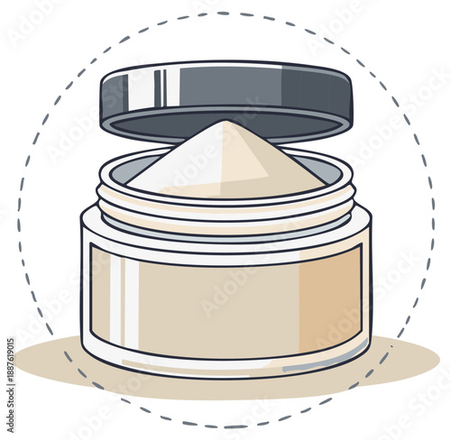 Open jar of cosmetic powder with lid removed and light brown texture
