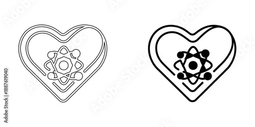 Heart with Atom Icon, Science of Love and Nuclear Medicine Symbol, Core Health and Molecular Biology Vector