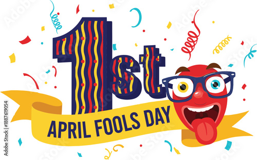 April Fools Day vector illustration with first of april typography funny face with glasses and colorful confetti