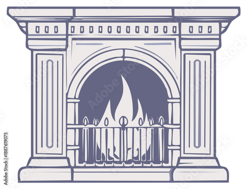 Elegant decorative fireplace with glowing flames and classical architectural details