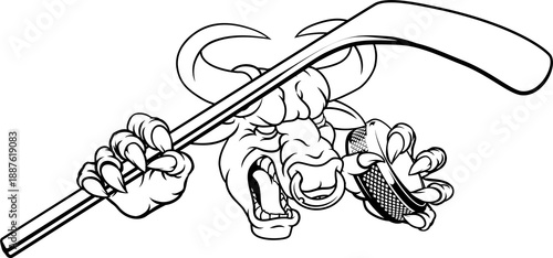 Photography A bull or Minotaur monster longhorn cow angry mean ice hockey mascot cartoon character