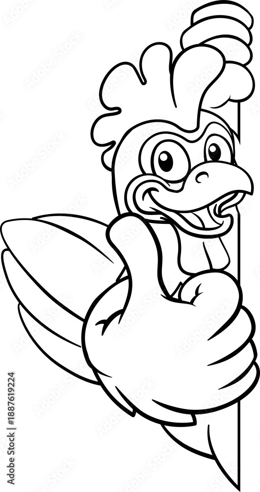 Fototapeta premium A chicken cartoon rooster cockerel bird mascot peeking around a sign with copyspace