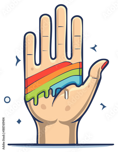 Open hand displays vibrant rainbow stripes flowing down palm a symbol of diversity and pride