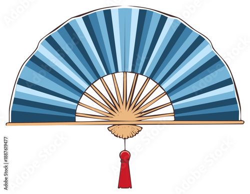 A blue oriental fan with a red tassel hangs open showing its wooden spokes