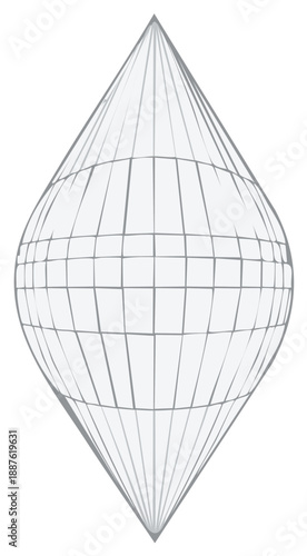 Abstract geometric shape resembling a teardrop or diamond with a wireframe grid structure
