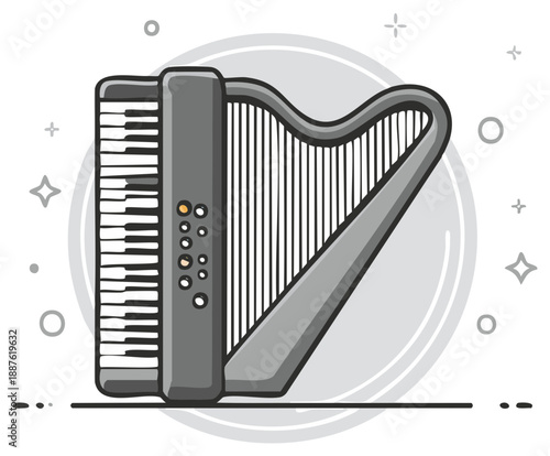 Melding of Accordion and Harp Musical Instruments in Stylized Illustration