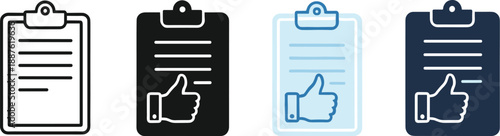Approval and checklist clipboard icon set with thumbs up symbols for feedback, confirmation, rating, and task management