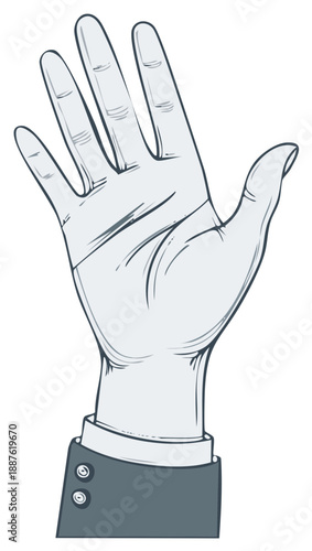 An open hand wearing a glove raised upwards in greeting or signaling a stop gesture