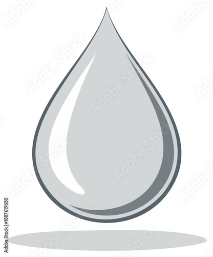 Shimmering gray water drop isolated with subtle shadow and reflection suggesting purity and freshness