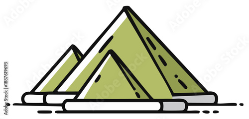 Stylized illustration of multiple green tents grouped together, with bold outlines