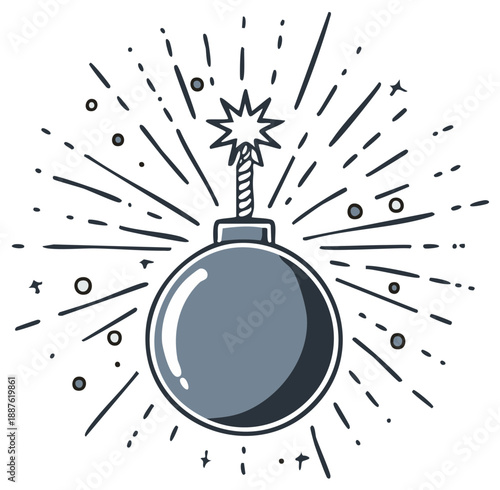 Explosive round bomb with lit fuse and radiating lines illustration