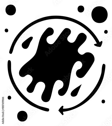 Abstract ink splash swirling in a circular motion with arrow cycle and small dots