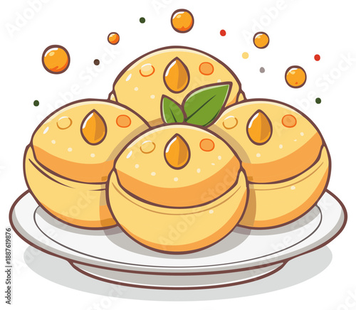 Cute Cartoon Dessert Puddings with Orange Drops and Green Garnish on a Plate
