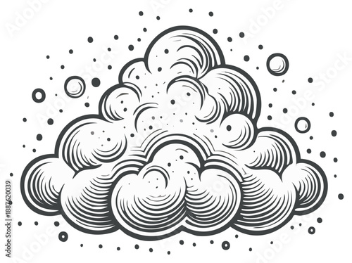 Stylized drawing of a fluffy cloud with swirling mist and particles against a white background