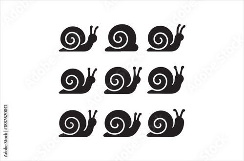 A collection of stylized black snail illustrations arranged in a grid pattern