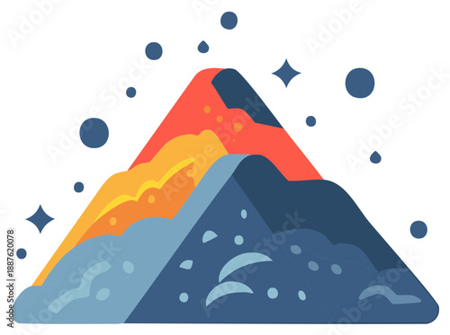 Abstract illustration of a volcano erupting with lava flow and ash clouds