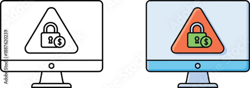 Computer security warning icon showing locked padlock and money symbol for data protection, cyber security, and financial safety