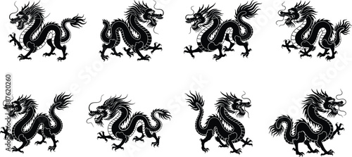 Set, of, Traditional, Chinese, Dragon, Silhouettes, Asian, Folklore, Mythical, Creatures, Oriental, Fantasy, Design, Elements