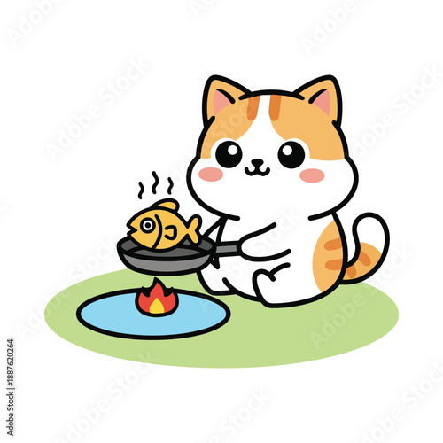 A smiling cartoon cat prepares a fresh fish in a frying pan over a little flame Vector