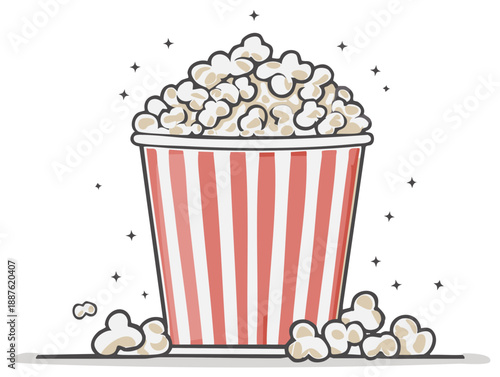 Striped popcorn container overflowing with fluffy popped kernels surrounded by stars, treats