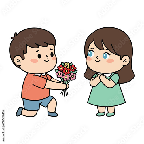 An adorable cartoon boy kneels and offers a colorful bouquet of flowers to a shy girl Vector