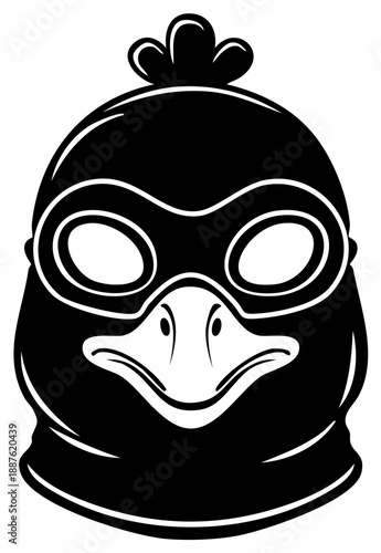 Black stylized chicken mask with cartoon eyes and beak for disguise
