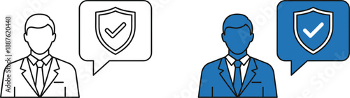 Businessman security approval icon with shield and check mark representing trust, verification, protection, and professional assurance
