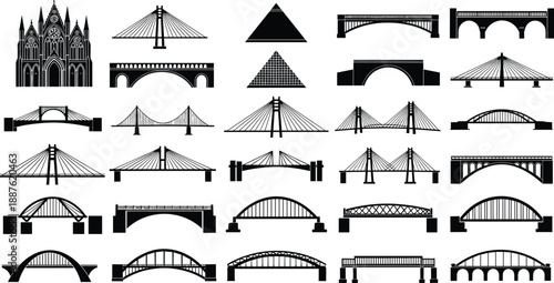 Architectural Landmarks Silhouette Collection Including Various Bridges Pyramids and Cathedral