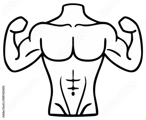 Muscular Male Torso Flexing Biceps and Showing Abs in Outline Style