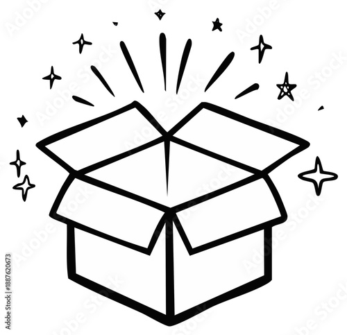 Surprise gift box opening with magic sparkles and stars hand drawn doodle icon
