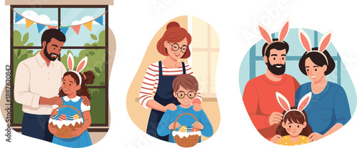 Happy families celebrating Easter holiday together with egg baskets wearing bunny ears in flat cartoon vector style